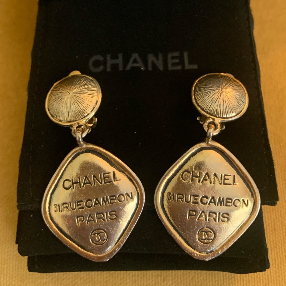 Vintage Chanel Paris Gold Dangle Post Earrings